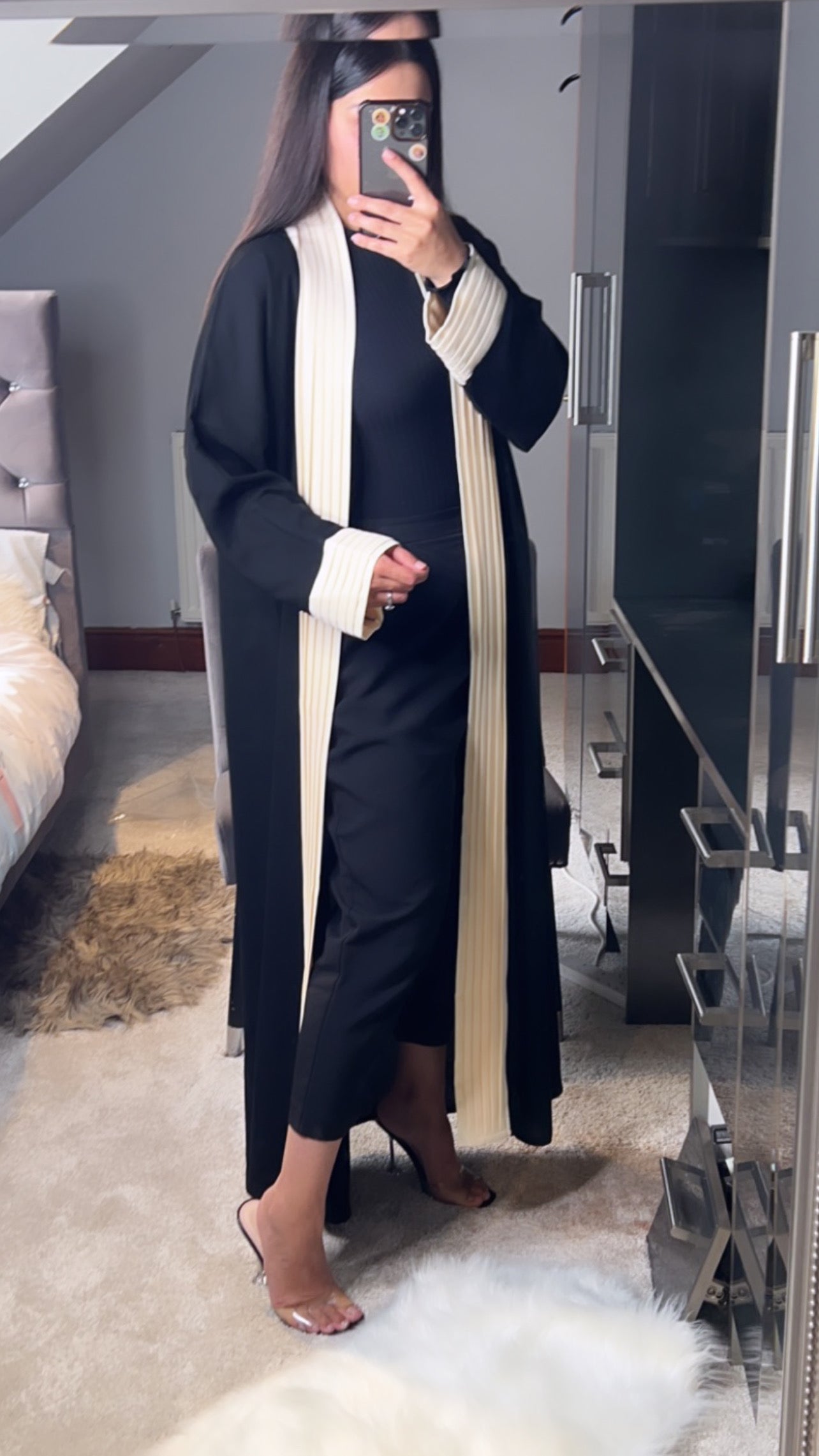 Black and Cream Pleated Abaya