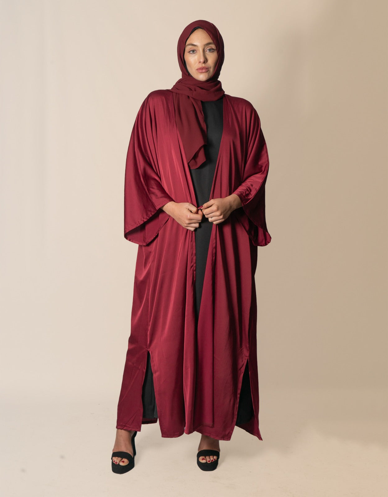 Hariir Maroon Silk Abaya Set