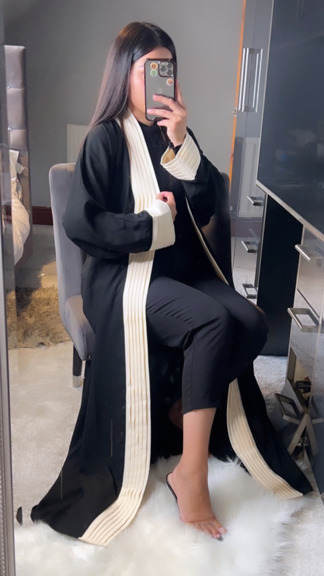 Black and Cream Pleated Abaya