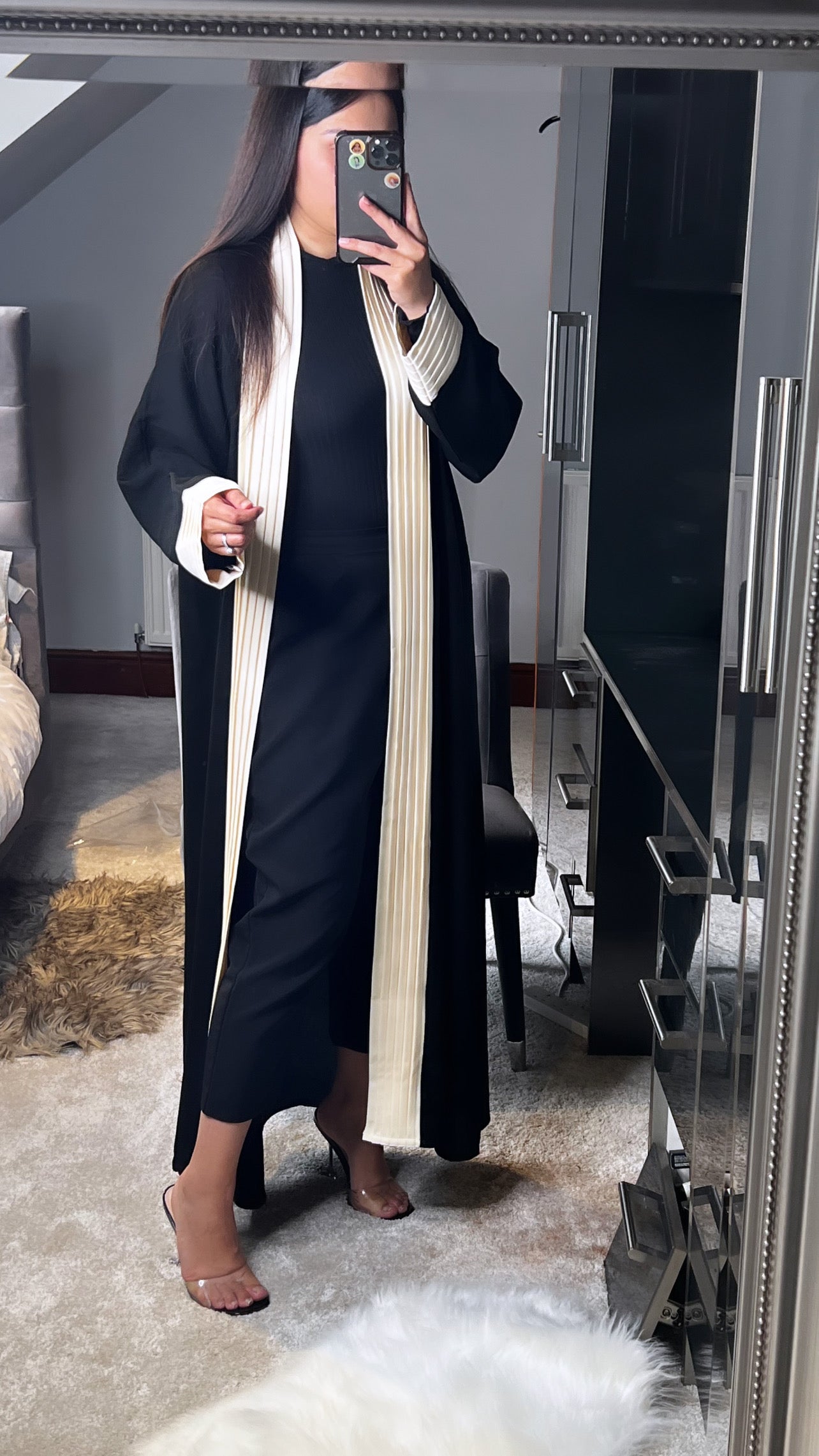 Black and Cream Pleated Abaya