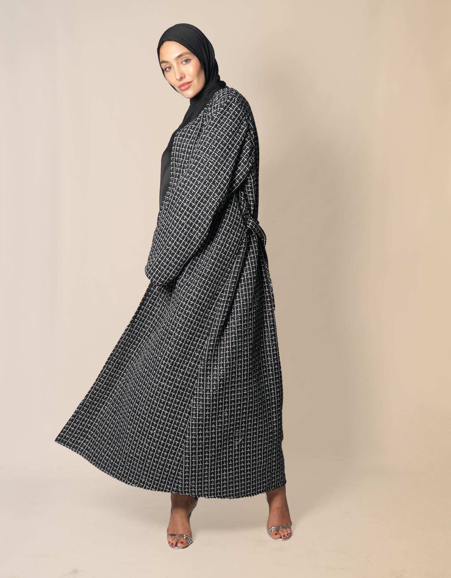 Almietaf Winter Abaya Coat Check Black and White