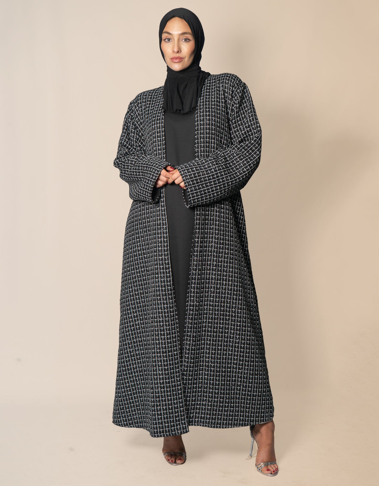 Almietaf Winter Abaya Coat Check Black and White