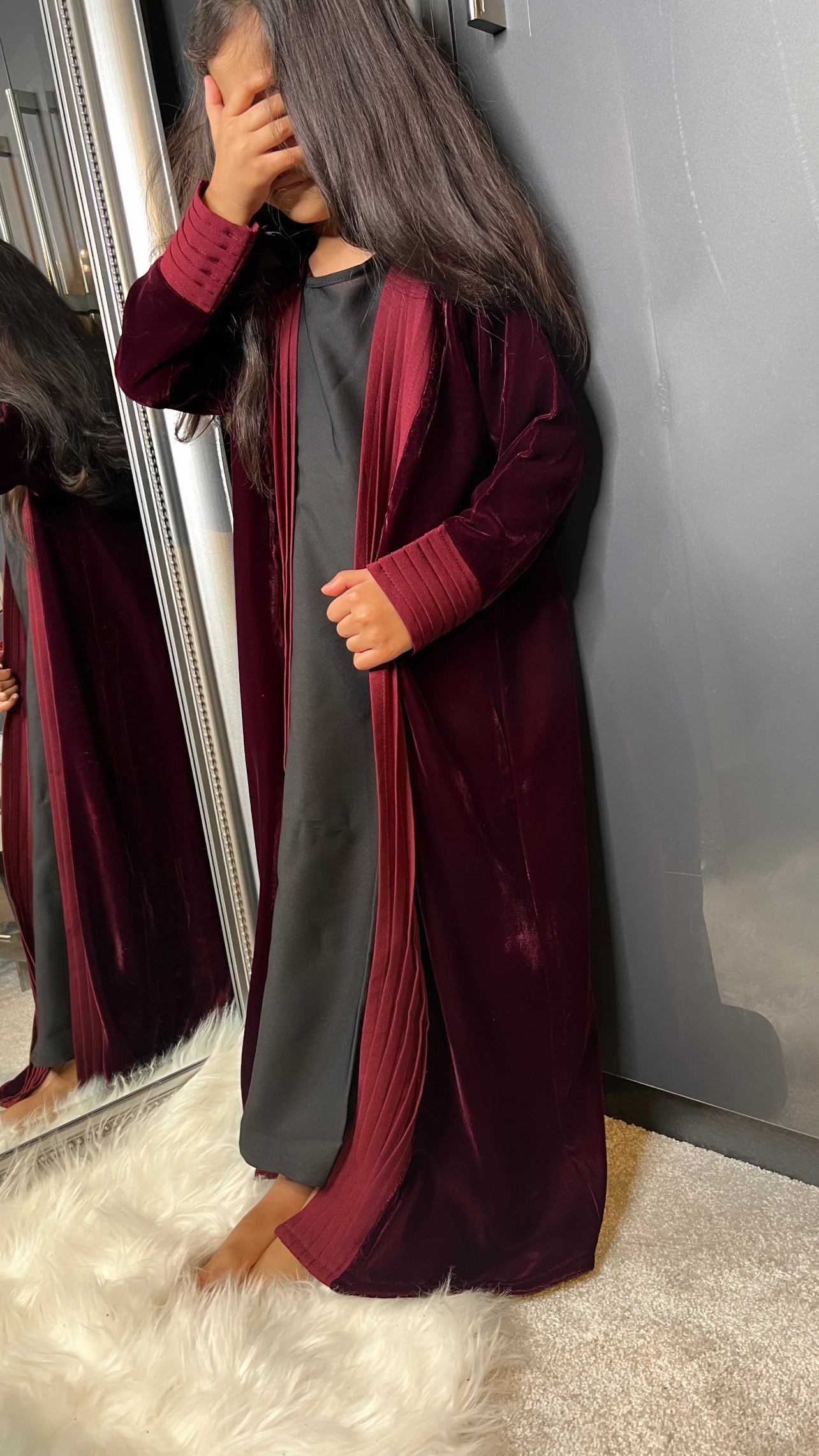 Maroon Red Frill Open Abaya