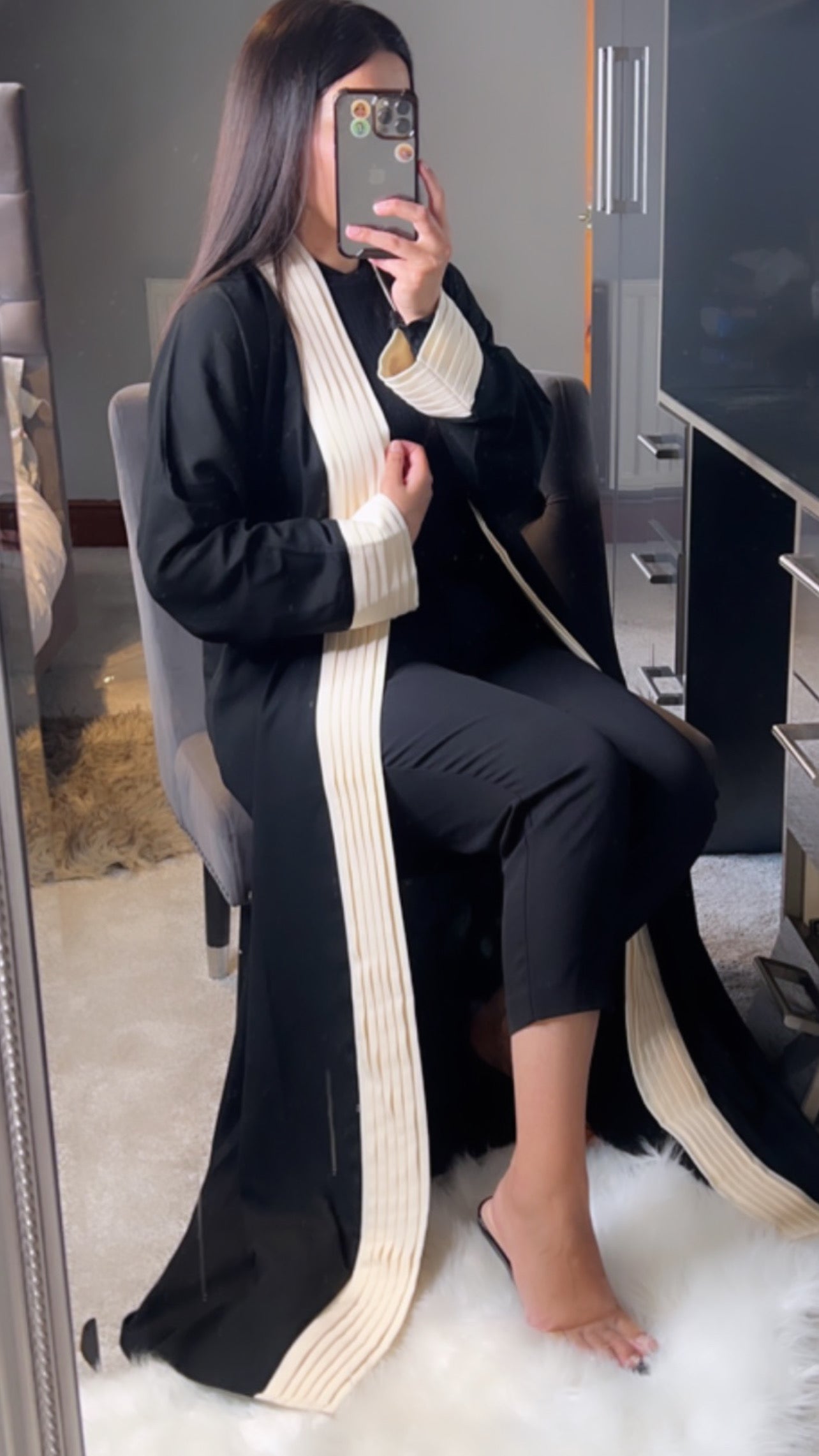 Black and Cream Pleated Abaya