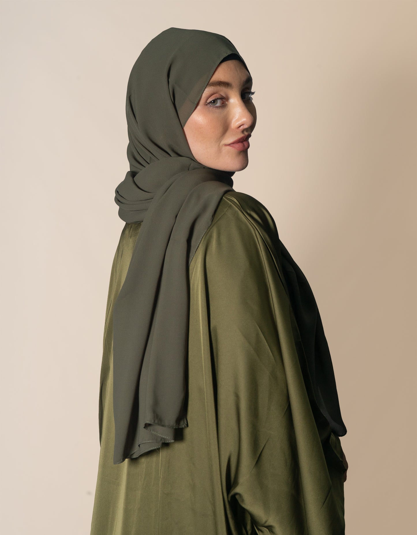 Hariir Khaki Satin Abaya Set
