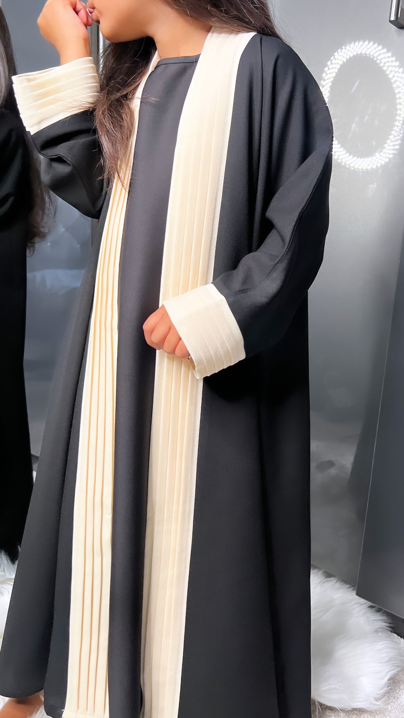 Black and Cream Pleated Abaya