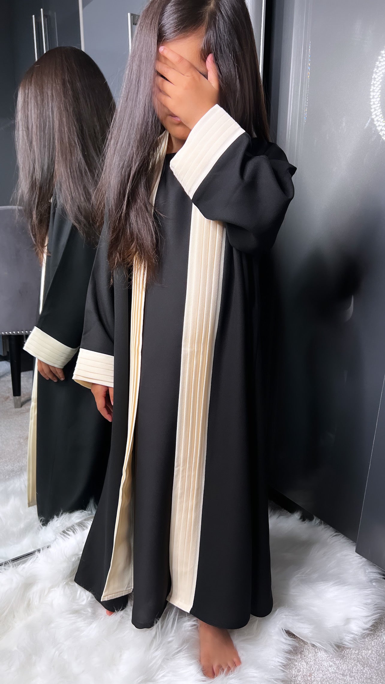 Black and Cream Pleated Abaya