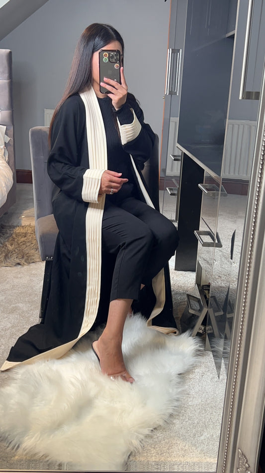 Black and Cream Pleated Abaya